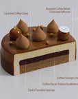 The components of a cut 2023 Father's day coffee, chocolate, orange cake topper with some teardrop piping and circular mousse balls