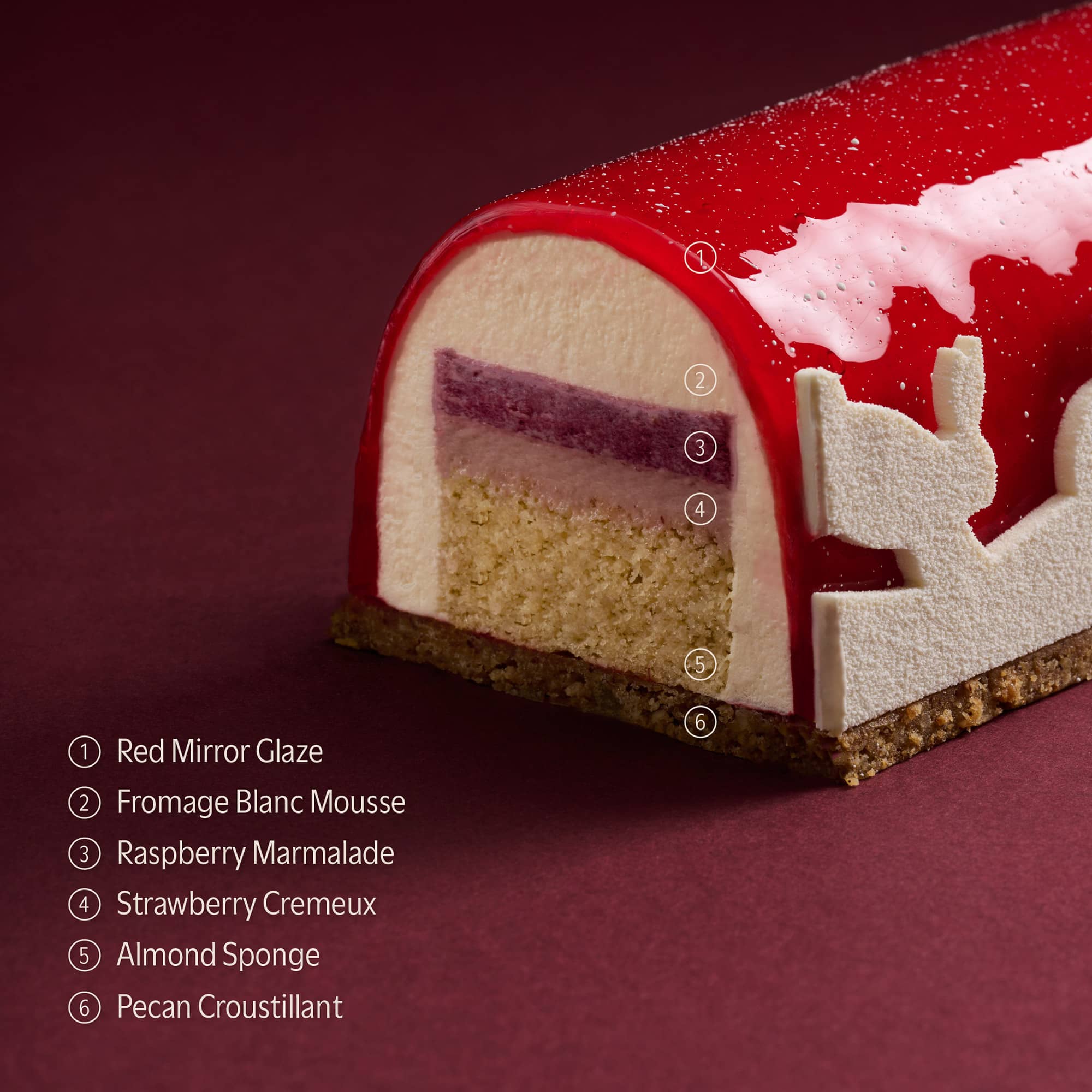 The inside strawberry, raspberry, sponge, and base layers of this year's 2023 Christmas log cake coated in red glaze