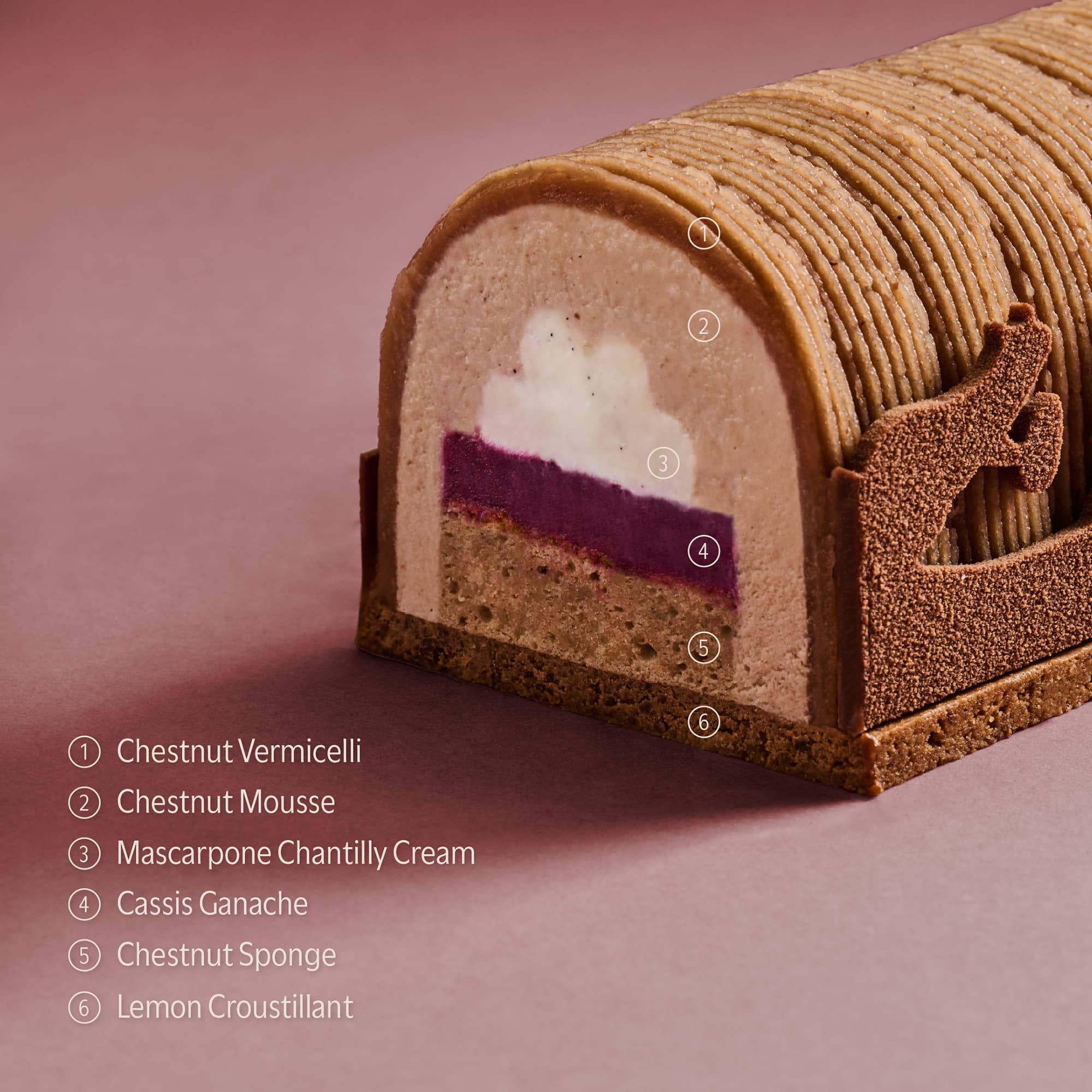 The inside chestnut vermicelli, mousse, mascarpone, blackcurrant, sponge and base layers of a Chestnut Mont Blanc cake, this year&#39;s 2023 Christmas log cake
