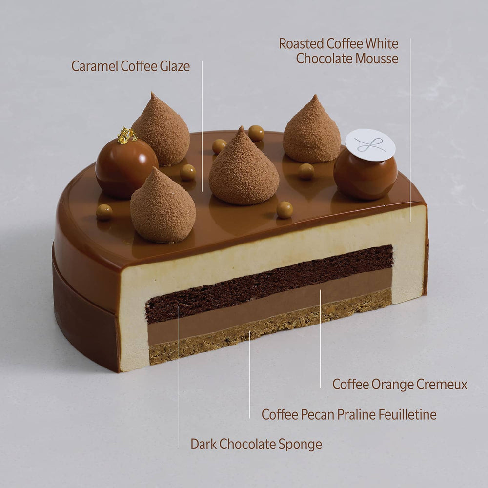 The components of a cut 2023 Father's day coffee, chocolate, orange cake topper with some teardrop piping and circular mousse balls