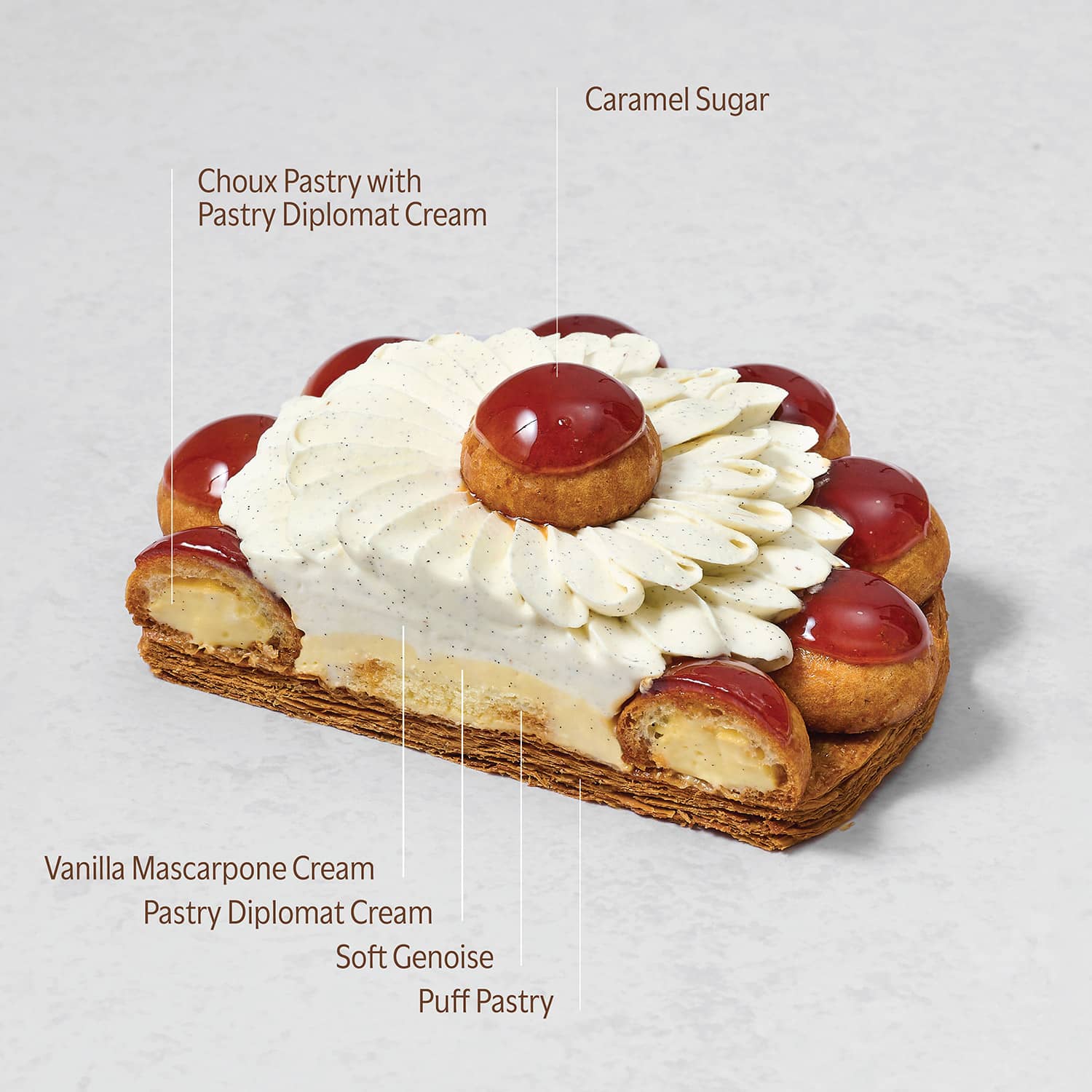 The components of the inside of a Vanilla Saint Honore with caramel capped choux puffs and Madagascar vanilla cream piping